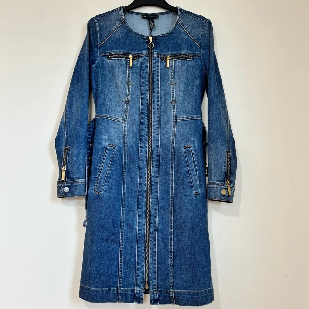 BWT INC International Concepts denim blue shirtdress gold zipper trench dress 2 - Picture 4 of 16